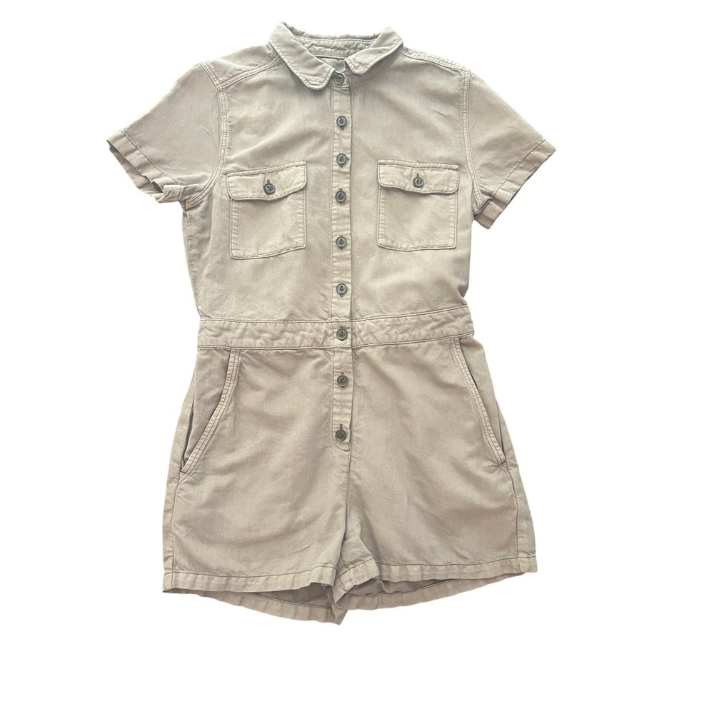 Outerknown S.E.A. Short Sleeve Utility Romper Tan Organic Cotton Linen XS (0959)